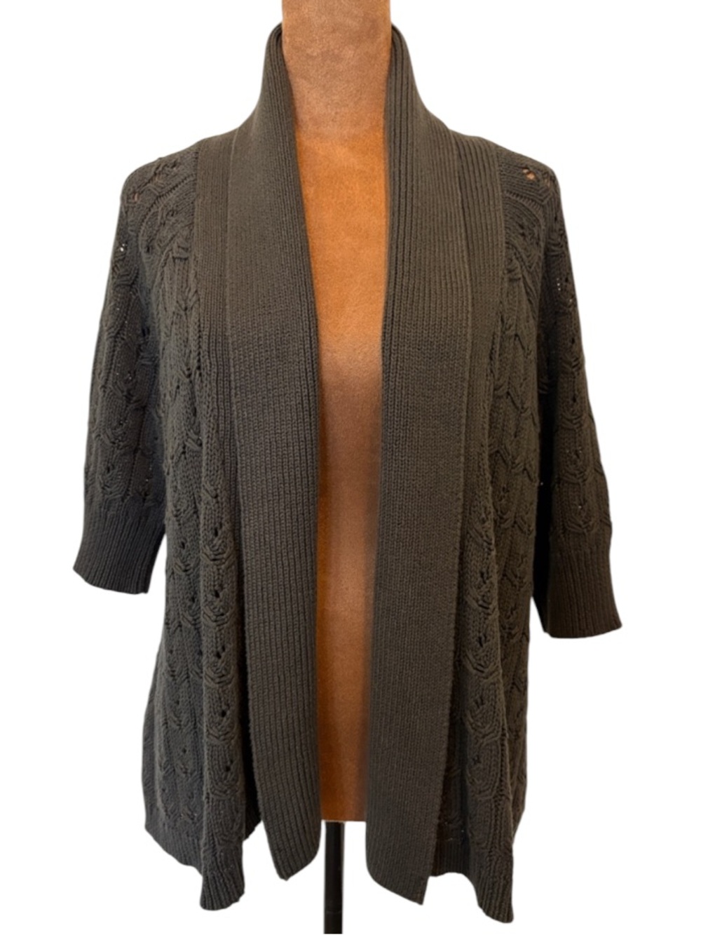 LOFT Grey Chunky Knit Short Sleeve Cardigan Sweater w Shawl Collar - M